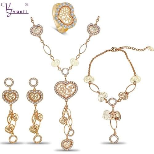 Kfvanfi White Gold Color Zircon Heart Ring Bracelet Necklace Long Dangle Earrings Set Wedding Bridal Jewelry Set Women