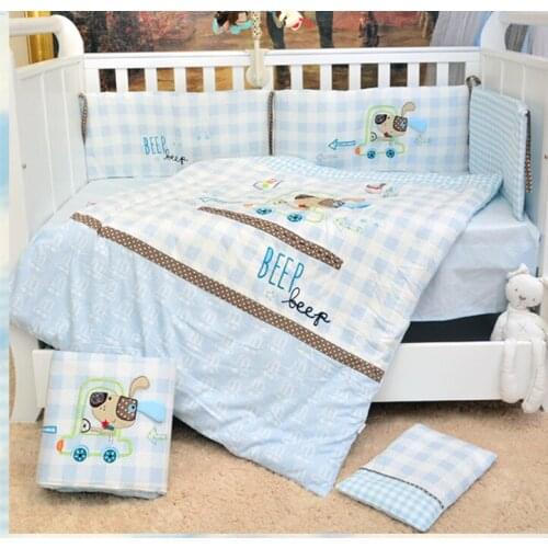 7PCS embroidery Kids Baby Bedroom Set Nursery Bedding Cot bedding Set постельное белье(4bumper+duvet+sheet+pillow)