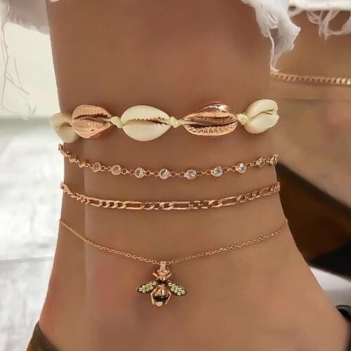 4PCS Bohemian Shell Bee Pendant Anklet Alloy Rhinestone Foot Chain Set Womens Summer Wholesale Fine Fashion Jewelry Combination