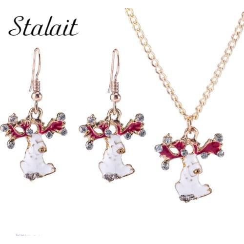 Christmas Deer Earrings Necklace Fashion Rhinestone Red White Enamel Gold Jewelry Set For Kids Children Decoration Gifts