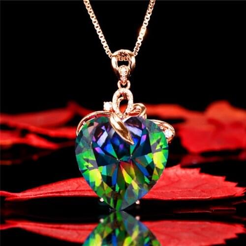 Charm Female Multicolor Crystal Heart Pendant Rose Gold Chains Necklaces For Women Rainbow Blue Green Zircon Wedding Necklace Cz
