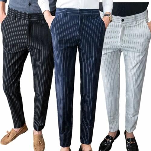Autumn New Mens Suit Pants White Blue Black Striped Trousers Fashion Slim Men Pant Size 28-36 Pants Men