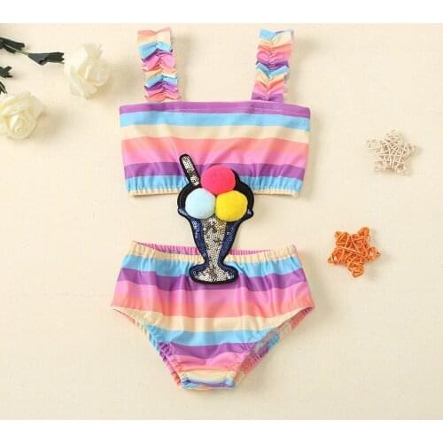 1-5Y Toddler Kids Baby Girl Ball Patchwork Striped Swimming Romper One Pieces Swimwear Bathing Suit