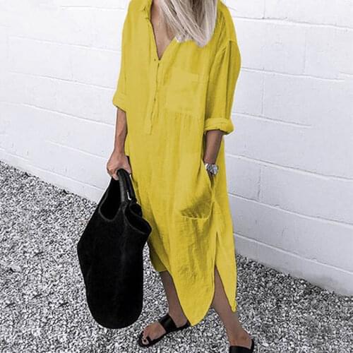 Women Solid Color Turndown Collar Shirt Dress Summer Autumn Long Sleeve Pocket Slit Casual Loose Linen Maxi Dresses Ladies