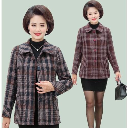 Blended Woolen Coat 2020 Spring Autumn New Womens Wool Plaid Jacket Middle-aged Mother Casual Outerwear Tops Plus Size 5XL W287