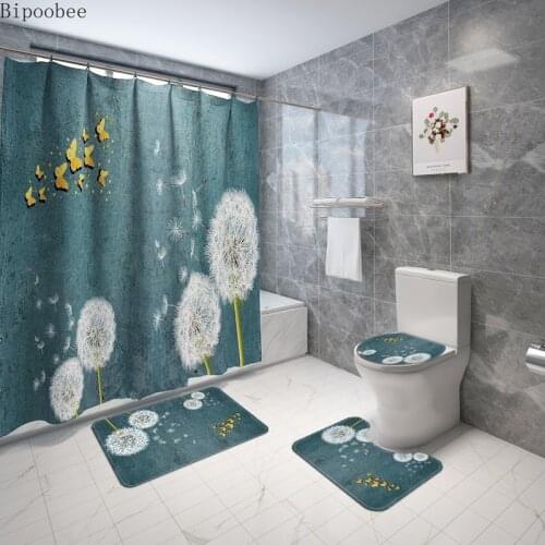 Bipoobee butterfly Dandelion Shower Curtain bathroom accessories set Anti Slip Rug Lid Toilet Cover Mat Bath Curtains with hooks