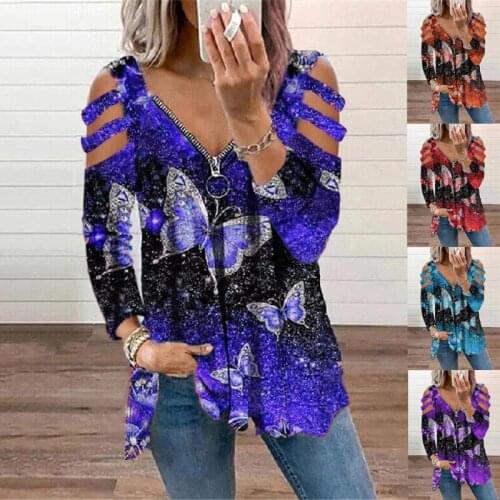 2021 fashion autumn and winter European and American womens clothing V-neck butterfly print zipper long-sleeved T-shirt top