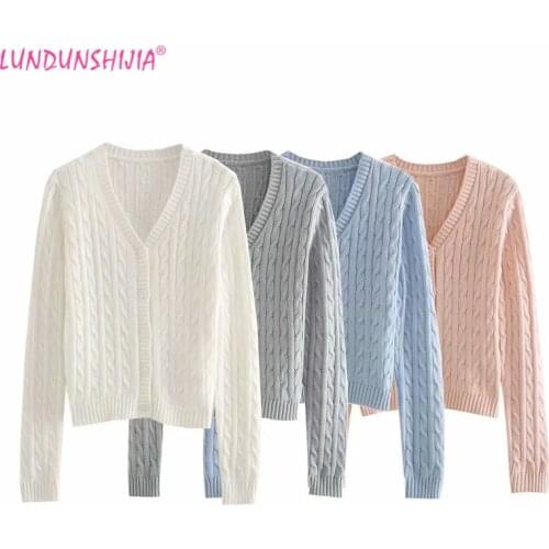 LUNDUNSHIJIA 2020 Spring Autumn Women Twist Knitting Cardigan Sweaters Ladies V-neck Cardigans Short Style Coat 4 Colors