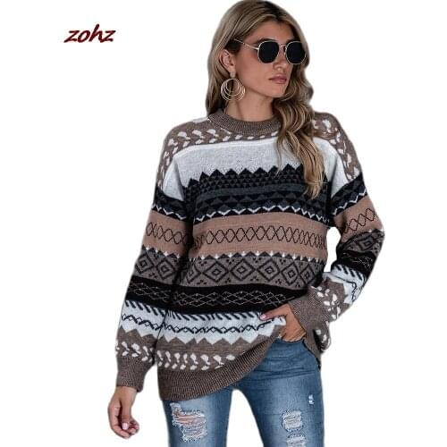 Vintage Argyle Stripe Print Sweaters Women Fall Winter O Neck Long Sleeve Loose Knitted Pullovers Casual Lazy Wind Jumper Female