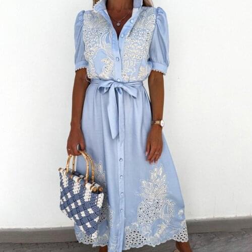 Summer Dress Embroidery Hollow Out Women Dress Embroidery Stand Collar Short Sleeve Single-breasted Hollow Out Shirt Dress 2021