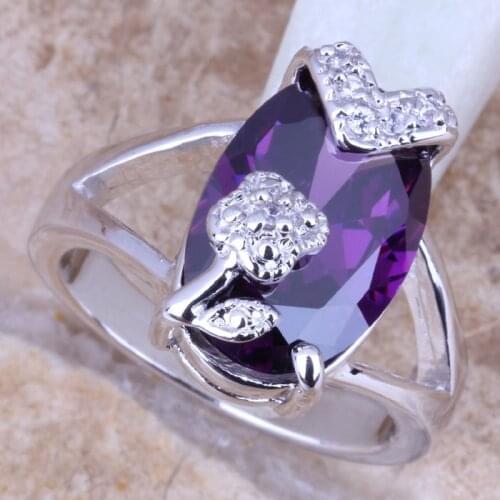 Brilliant Purple Cubic Zirconia Silver Plated Womens Flower Ring Size 6 / 7 / 8 / 9 R0949