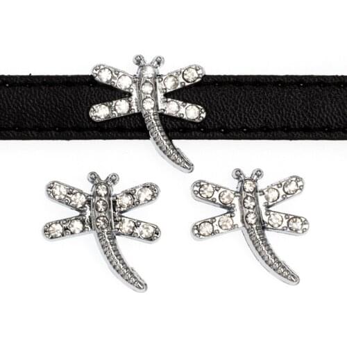 10mm Hole Clear Rhinestone Dragonfly Slide Charms Slide Beads DIY Accessories Handmade Jewelry For Bracelet Key Rings Pet Collar