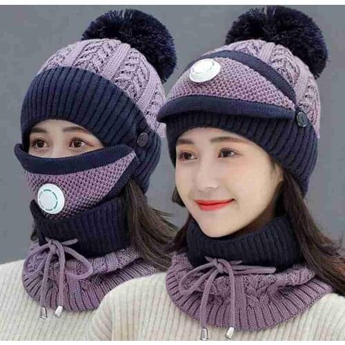 3 Pcs/set New Windproof Beanies Hat Women Warm Knit Hats Scarf Sets Female Winter Padded Mask Neck Protector Cycling Caps