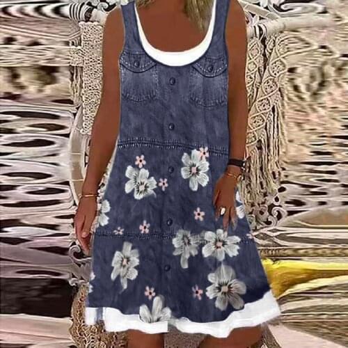 40# Sleeveless Floral Splice Summer Dress Loose Casual O-neck A-line Dress Plus Size Fake Two-piece Womens Summer Dress 2021