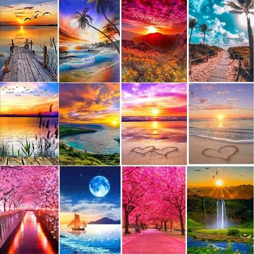 5D Diamond Painting Sunset/Love Beach DIY Round Full Diamond Embroidery Kit Landscape Home Decoration Crafts