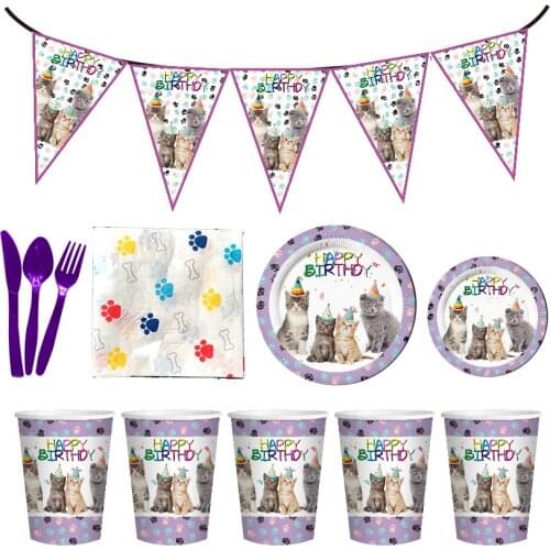 Pet Cats Birthday Party Bunting Paper Cups Plates Napkins Cats Kids Happy Birthday Banner Party Baby Shower Decoration Supplies