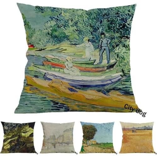 French famous painter Painting art Bank of the Oise at Auvers Cotton and linen square pillow case Cushion cover Home pillowcase