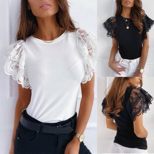 Women Sexy Solid Color O Neck Stitched Lace Short Sleeve Slim T-shirt For Women Clothing Summer Female