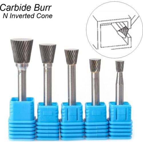 N Inverted Cone Shape Mould Carving Grinding Cut Solid Carbide Burr Rotary Cutter File Bit 6mm 1/4 Shank Milling Polishing Rasp