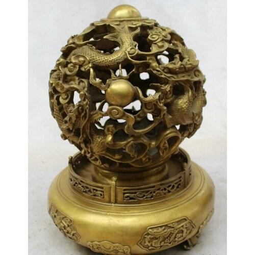Collectible bronze S2159 14" Chinese palace Brass Feng Shui house Dragon sphere Incense Burner Censer