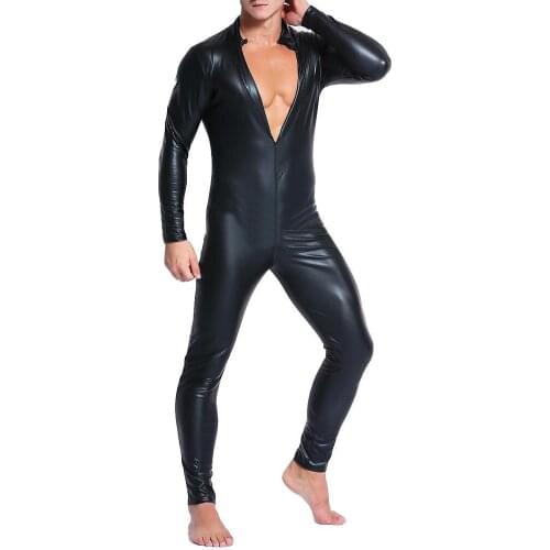 80% Hot Sales!!!High Neck Long Sleeve Faux Leather Zipper Bodysuit Long Pants Jumpsuit Clubwear