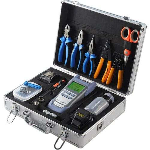 Fiber Optic Tools Box with Optical Power Meter VFL Laser Source 10mw Fiber Cleaver and Wire Cable Strippers