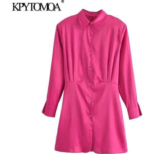 KPYTOMOA Women 2021 Fashion Pleated Soft Touch Fitted Mini Shirt Dress Vintage Long Sleeve Button-up Female Dresses Vestidos