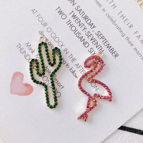 Metal Rhinestone Necklace Pendants 10pcs Gold Tone Plated Kawaii Hollow Out Animal Bird Flamingo Cactus Alloy Charms Ornaments