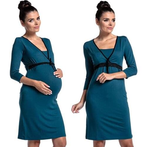 Fashion Lace Stitching V-Neck Dress In Various Colors Pregnant Women Pajamas, Nursing Clothes, Pregnant Womens Home Clothes