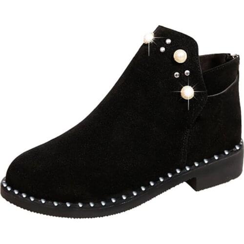 2018 Autumn New British Wind Retro Round Head Chelsea Boots Thick With Low Heel Pearl Boots Frosted Womens Shoes