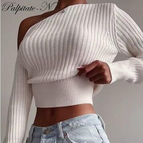New Sexy Off Shoulder Women' Sweater Jumper Spring Long Sleeve Knitted Crop Tops Fashion Solid Lady Pullover Sweaters Streetwear