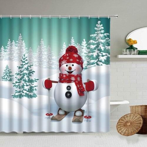 Christmas Snowman Shower Curtain Merry Xmas Winter New Year Theme Child Bathroom Waterproof Screen With Hooks Set Holiday Gift