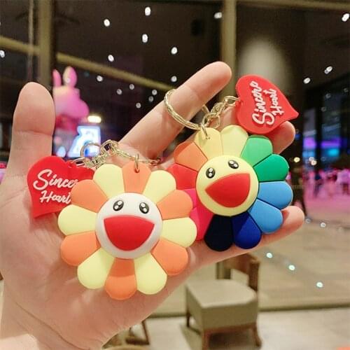 Cute Sweet Sunflower Keychain Women Bag Doll Toys Smile Key Rings Car Trinket Fans Gift Charm
