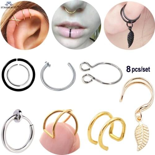 Starbeauty 8 pcs/lot Cool Titanium Fake Nose Ring Ear Cuff Leaf Earrings Fake Piercing Oreja Helix Piercing Labret Faux Lip Ring