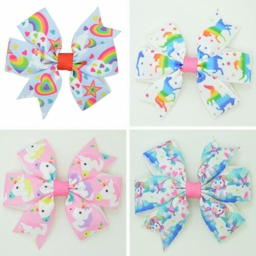 SUPWRF 3.1'' Unicorn Cute animal cute Girls Hair Bow With Clip Boutique Printed Ribbon headwear diy wholesale 20 PCS T0929