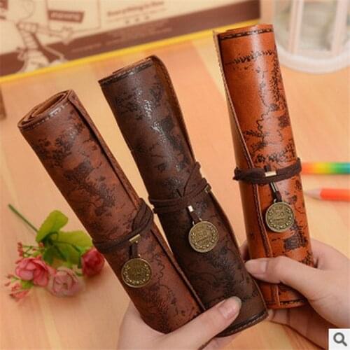 Vintage Pirate Treasure Map Pencil Cases PU Leather Roll Pen Bag Pouch For Stationary School Supplies Make Up Cosmetic Bag Gift