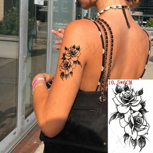 Waterproof Temporary Tattoo Sticker Black Sketch Rose Flowers Design Fake Tattoos Flash Tatoos Arm Neck Body Art for Women Men