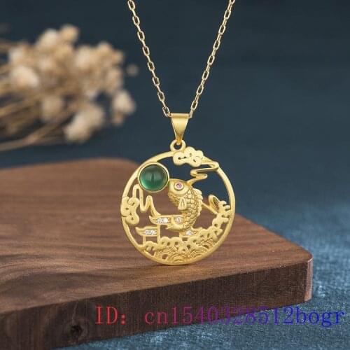 Green Jade Carp Pendant Chinese Fish Necklace Jewelry Crystal Natural Fashion Chalcedony 925 Silver Gifts Gemstone Zircon Women