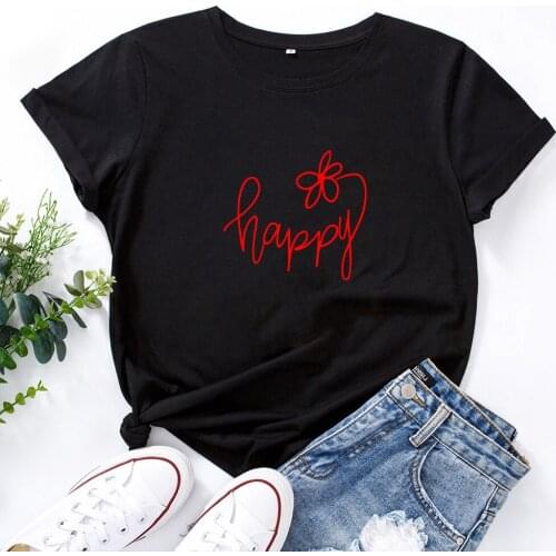 HAPPY Graphic Tee for Women Simple Versatile T Shirt Women O-neck Tshirts Cotton Women Fashion Casual Black T Shirt