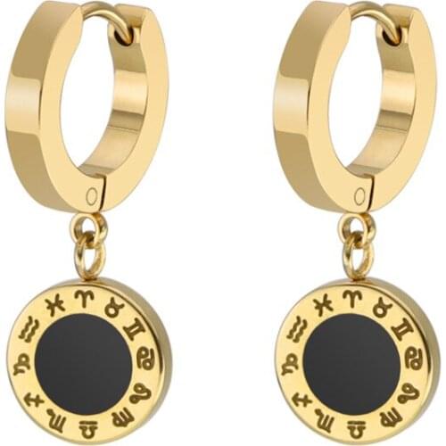 Earrings for Womens Stainless Steel 12 Constellations Pendant Fashion Earrings Hoop Rose Gold Earring Gifts for Women Accessory