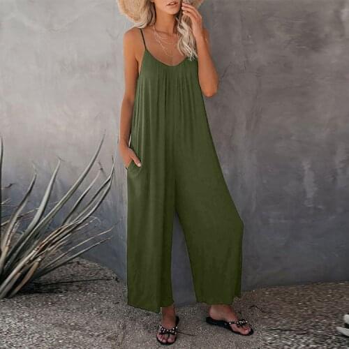 Women Straps Jumpsuits 2021 Summer Fashion V Neck Sleeveless Wide Leg Playsuits Solid Loose Rompers Ladies Casual Long Overalls