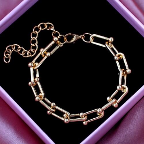 Personality U Shape Link Metal Bracelets for Women Minimalism Gold Color Geometric Thick Bracelets Bangles New Hip Hop Jewelry