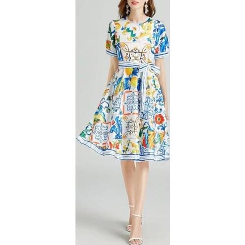 IVY HE High Quality Summer Dress Woman Clothing Blue And White Porcelain Stripe Print Stitched Lace Crew Neck Midi Long Dresses