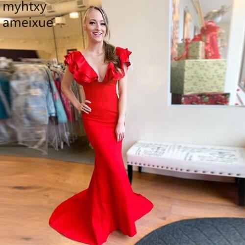 Custom Mermaid Long Evening Dress With Sexy Deep V-neck Gorgeous Red 2020 Ruffle Sleeves Formal Party Sweep Train Robe De Soiree