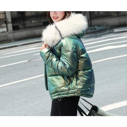 Winter Women Glossy Jackets Coats Thick Loose Warm Snow Fashion Parka Fur Collar Coat Short Hooded Waterproof Coat