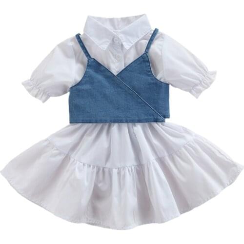 1-6Years Kids Baby Short Sleeve Shirt Dress + Denim Vest 2021 Summer Puff Sleeve Lapel Ruffle Casual Dress Kids Clothes Sets