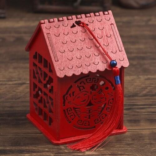 100pcs Creative House Design Wood Chinese Double Happiness Wedding Favor Boxes Candy Box Chinese Red Classical Sugar Case
