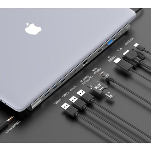 10IN1Hub Type C Adapter with HDMI- compatible+USB3.0*3+TF+SF+RJ45+VGA Multifunction for New MacBook Pro /2018 Air 13 A1932