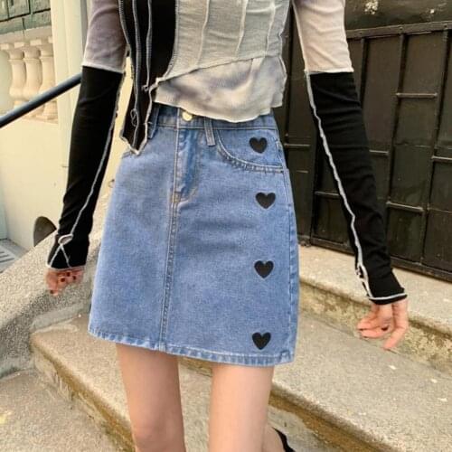 2021 Fashion Simple Women Denim Slim High Waist Short Skirt Summer Plus Size Heart Embroidery Skirt Casual Dating Daily Wear