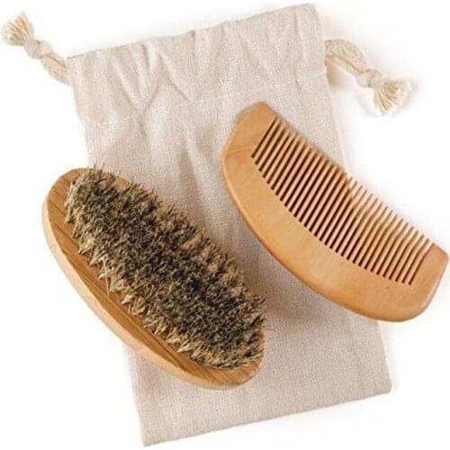 3 in 1 kits 8x4x3cm Mini Wood Bristles Beard Brush Men wooden brushes + Mustache Comb + pouch